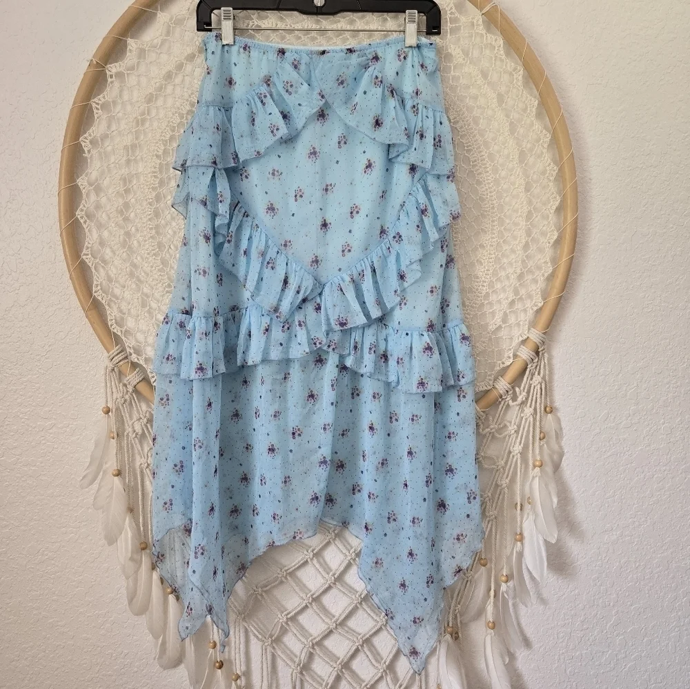 Urban Outfitters Boho Fairycore Blue Ditsy Floral Ruffle Asymmetrical Midi Skirt